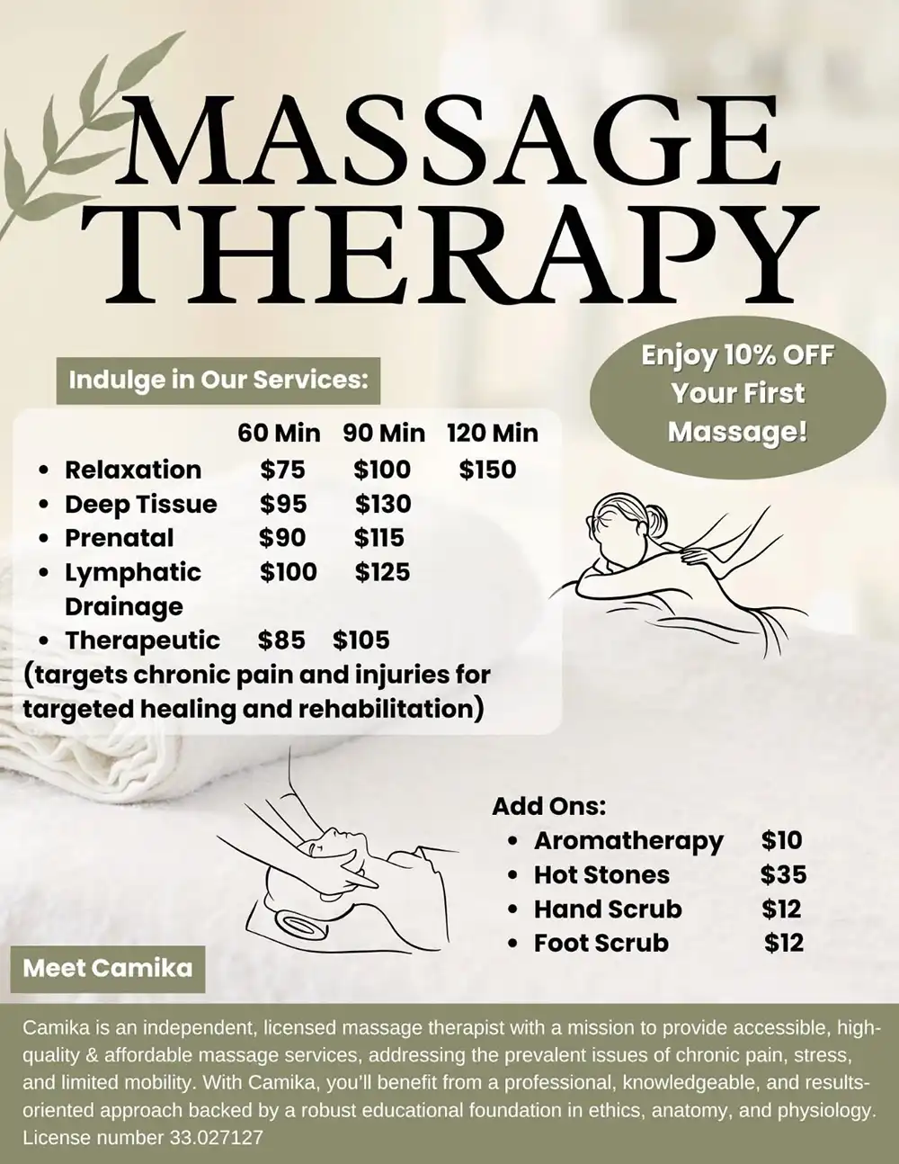 Massage therapist applying pressure to back